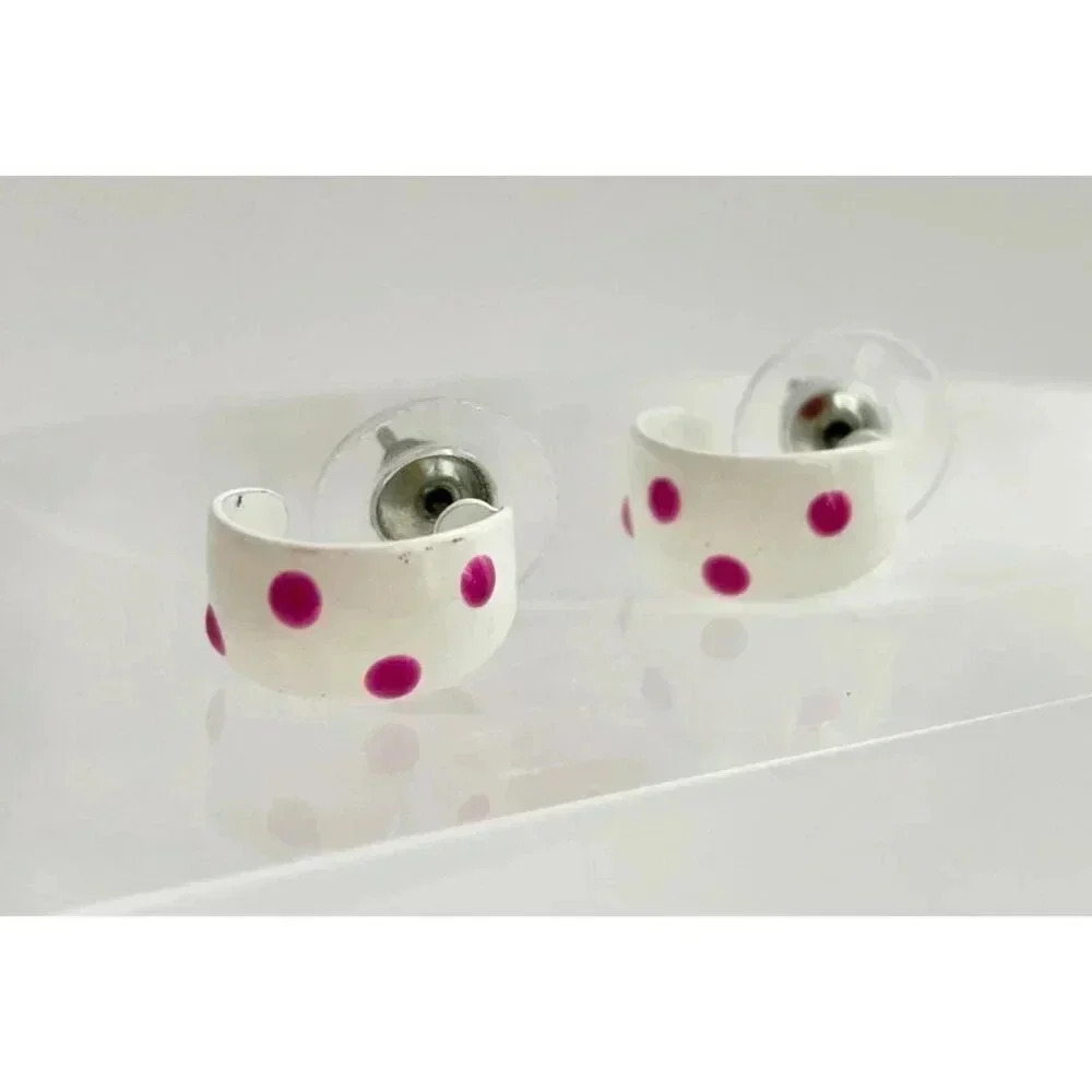 Vintage White Enamel & Pink Polka Dot Mini Dainty Open Hoops - Picture 4 of 5
